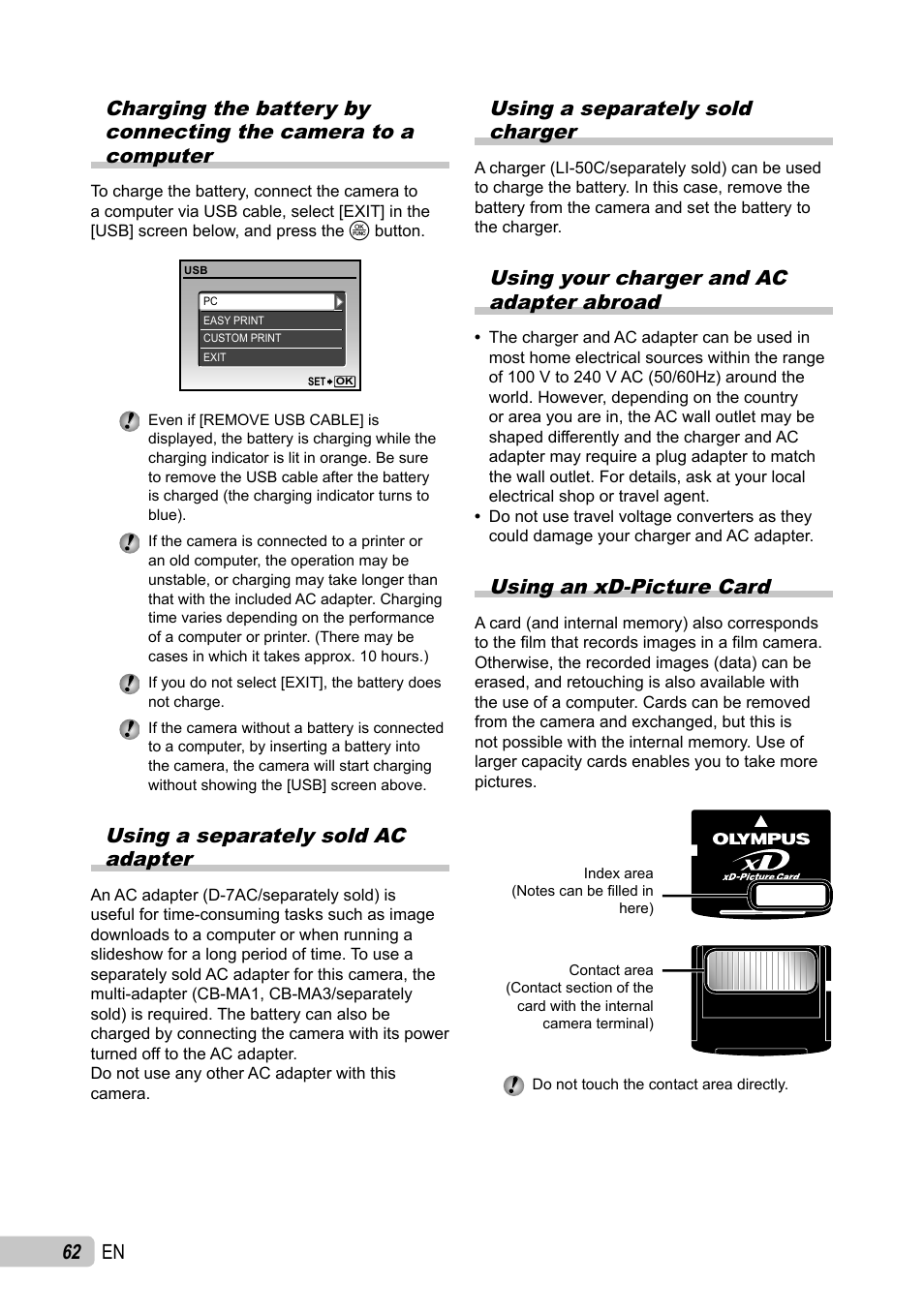 Using a separately sold ac adapter, Using a separately sold charger, Using your charger and ac adapter abroad | Using an xd-picture card | Olympus µ TOUGH-6010 User Manual | Page 62 / 83