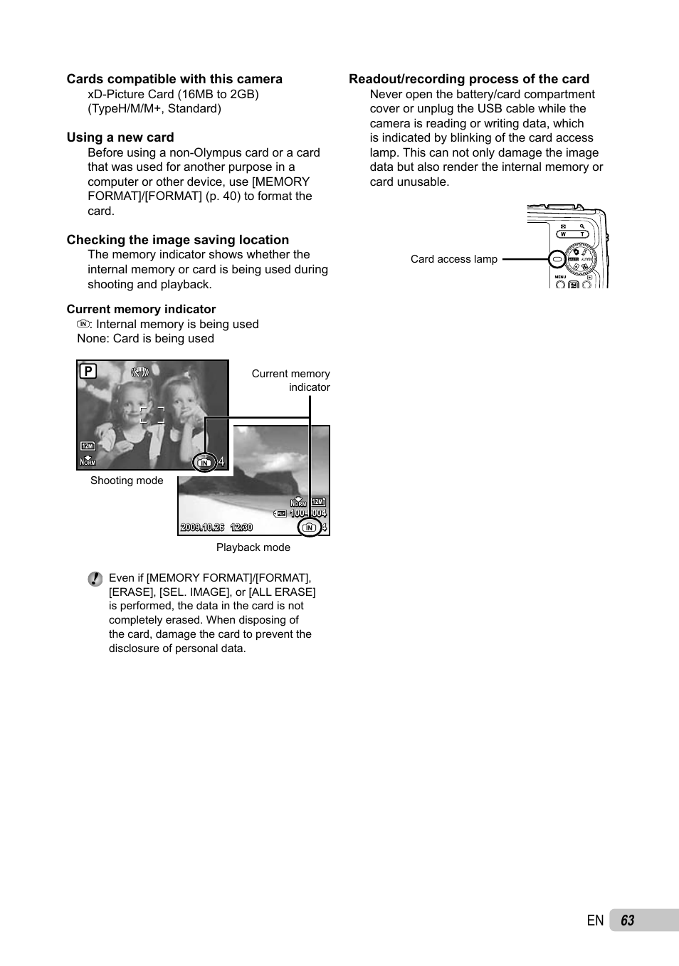 63 en, Cards compatible with this camera, Using a new card | Checking the image saving location, Readout/recording process of the card | Olympus µ TOUGH-6010 User Manual | Page 63 / 83