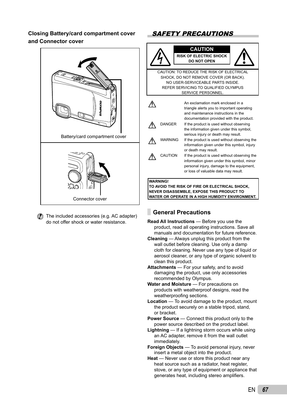 67 en, Safety precautions, General precautions | Olympus µ TOUGH-6010 User Manual | Page 67 / 83