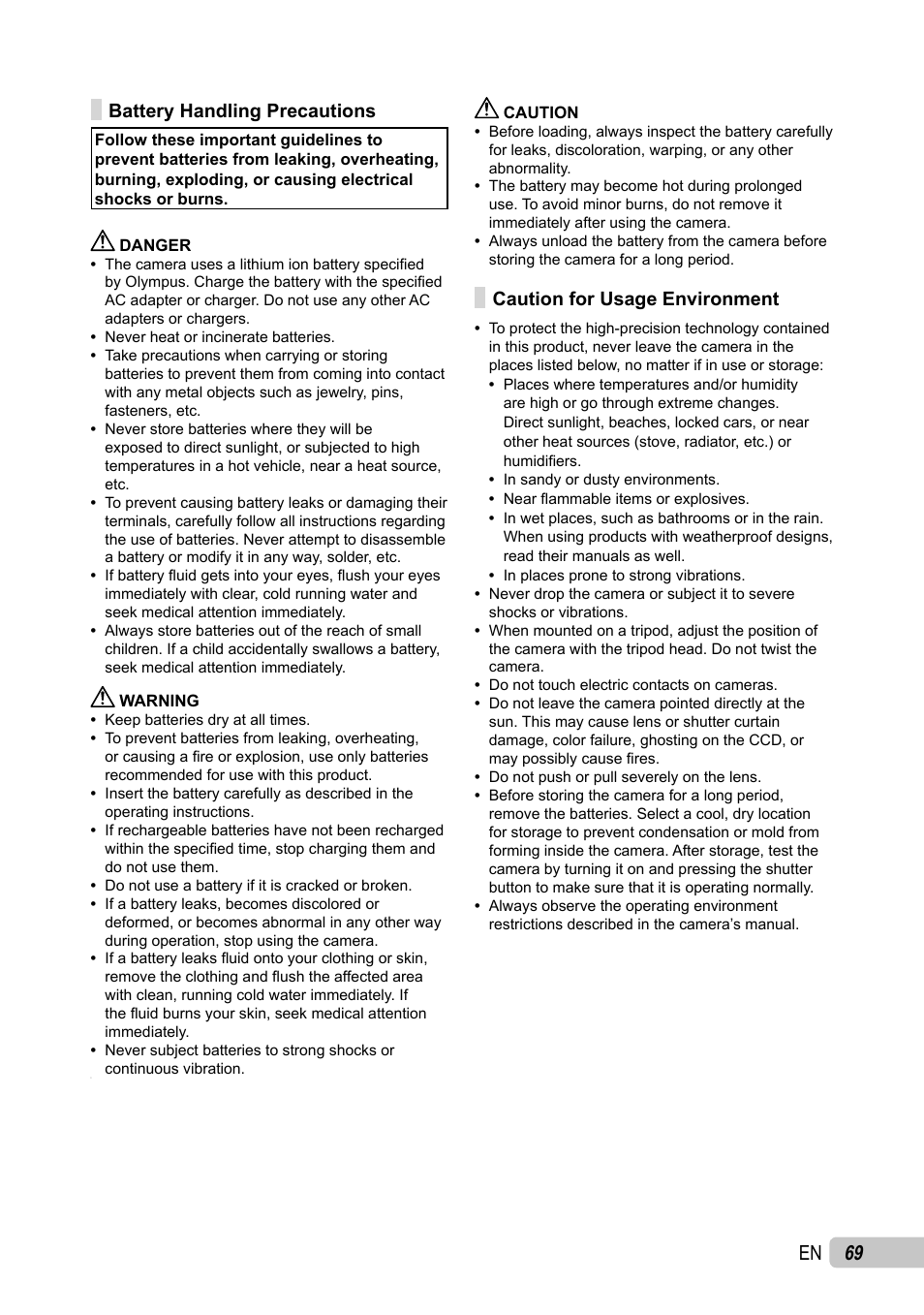 69 en, Battery handling precautions, Caution for usage environment | Olympus µ TOUGH-6010 User Manual | Page 69 / 83