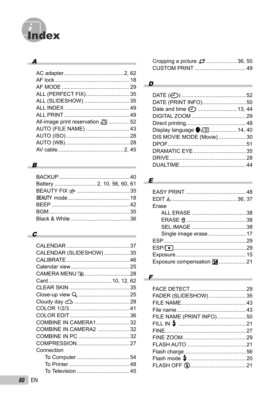 Index | Olympus µ TOUGH-6010 User Manual | Page 80 / 83