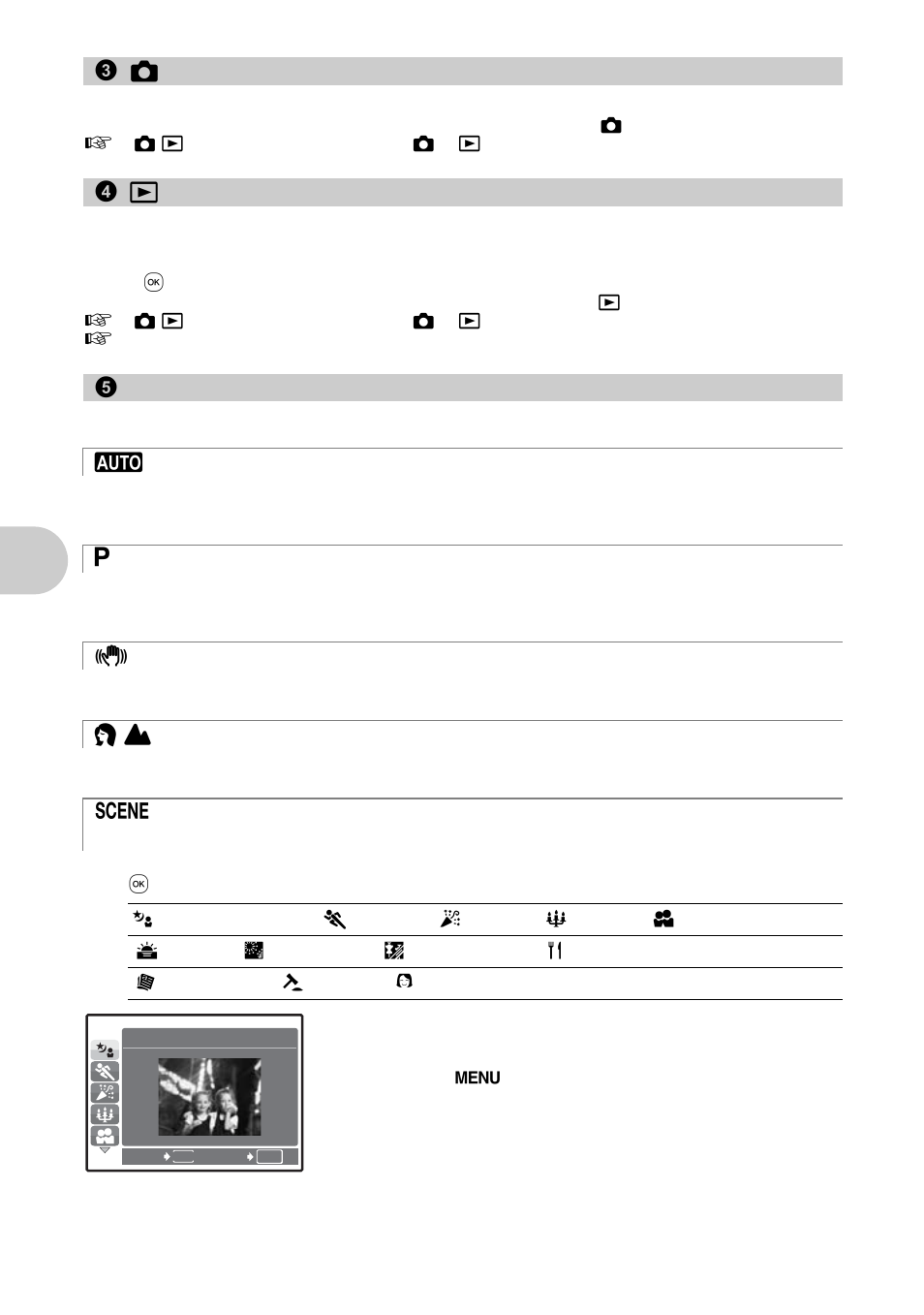 Selecting shooting mode/turning the camera on, Selecting playback mode/turning the camera on, Switching shooting modes | Shooting pictures with automatic settings, Set the optimum aperture value and shutter speed, Shooting pictures according to the situation, But to n o perat io ns | Olympus FE-300 User Manual | Page 12 / 64