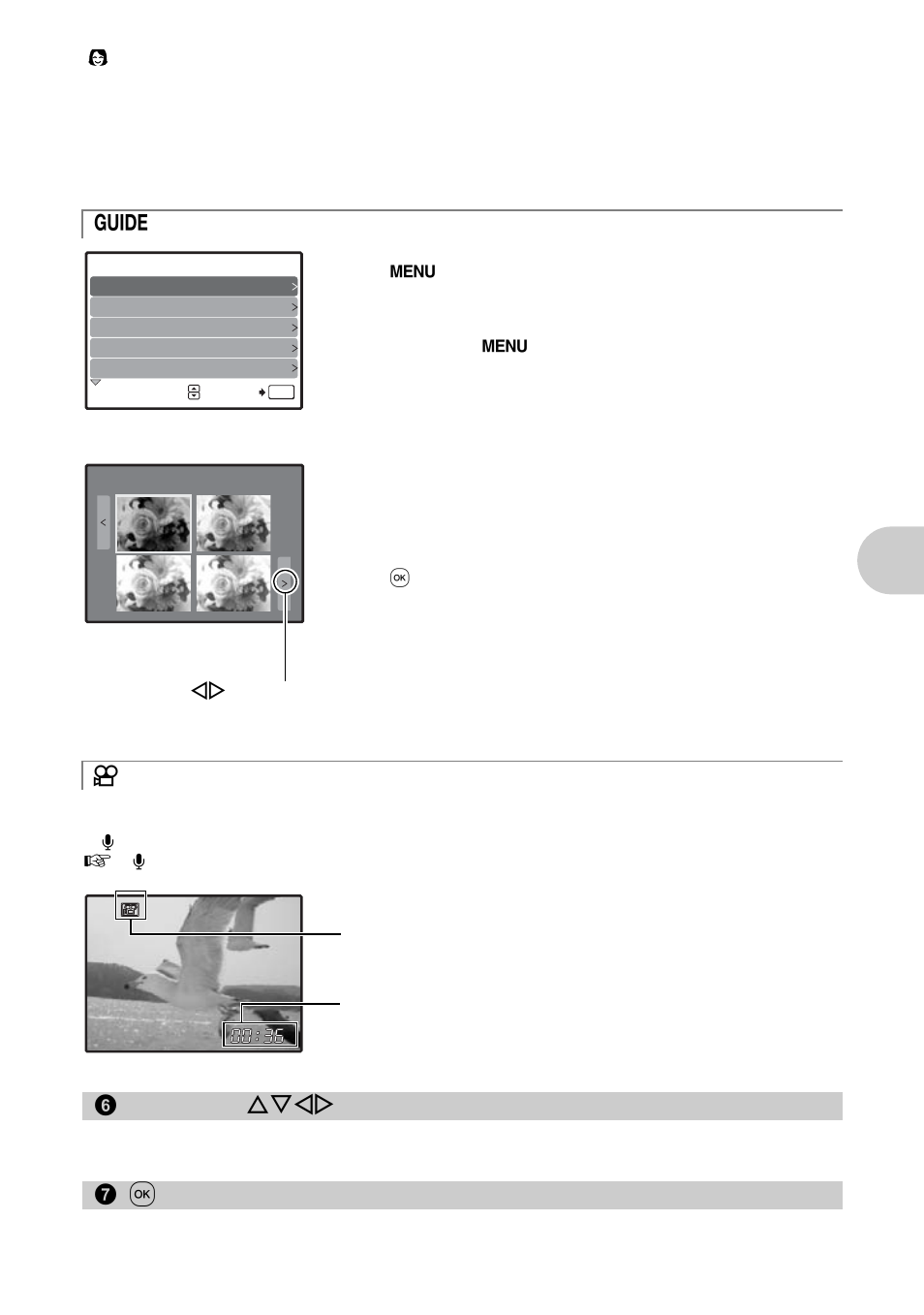Follow the shooting guide for setting, Recording movies, Arrow pad | Ok button, Butt on op erati on s, Smile shot | Olympus FE-300 User Manual | Page 13 / 64