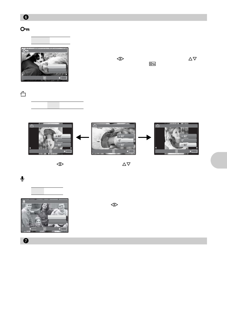 Playback menu, Protecting pictures, Rotating pictures | Adding sound to still pictures, Erasing selected pictures/erasing all pictures, Me nu opera tions, Playback menu 0, Erase | Olympus FE-300 User Manual | Page 25 / 64