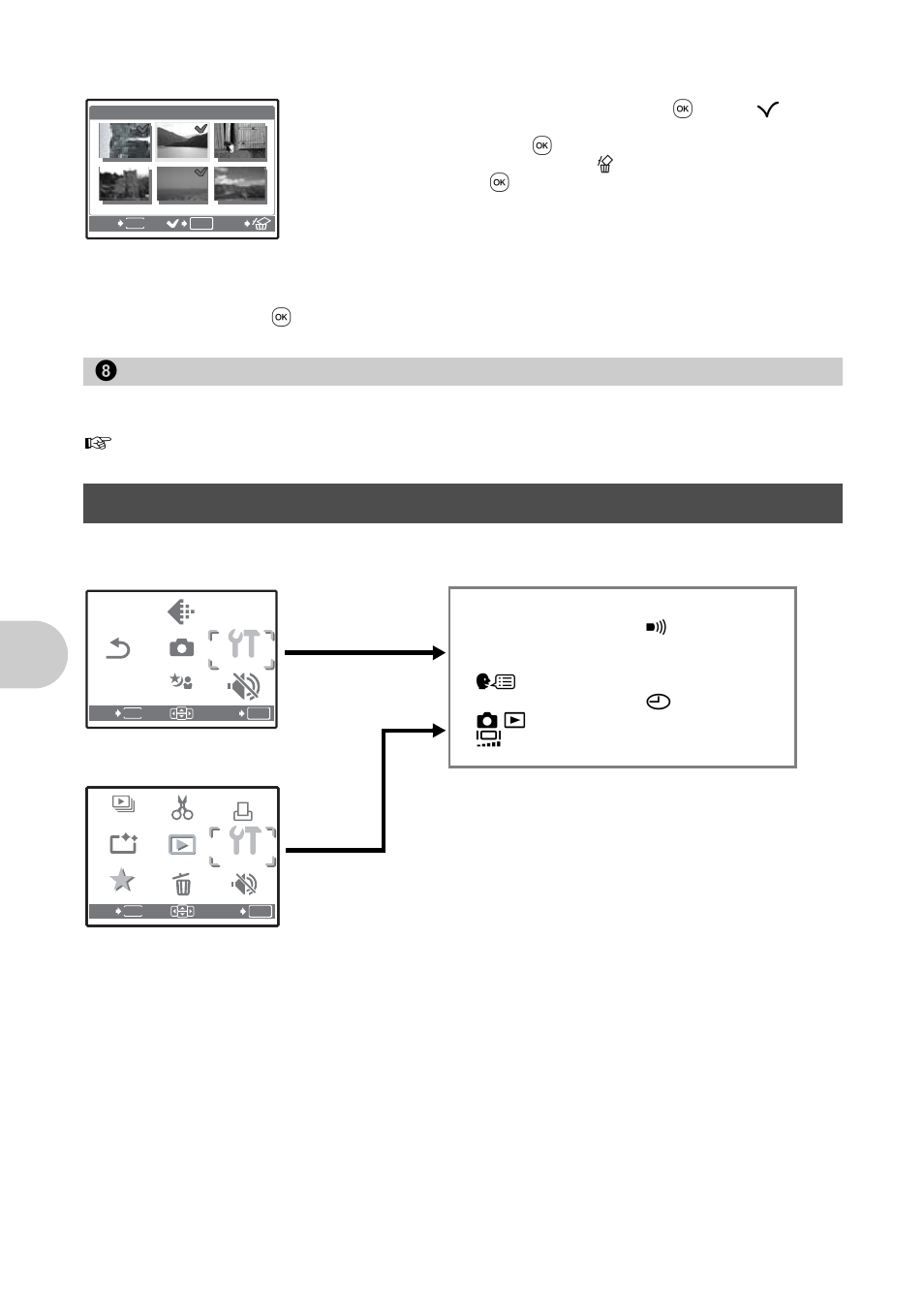 Erasing by selecting the single-frame, Making print reservations (dpof), Setup menus | Formatting the internal memory or card, Setup menus” (p. 26), Menu ope rati ons, Sel. image, All erase, Print order, Backup | Olympus FE-300 User Manual | Page 26 / 64