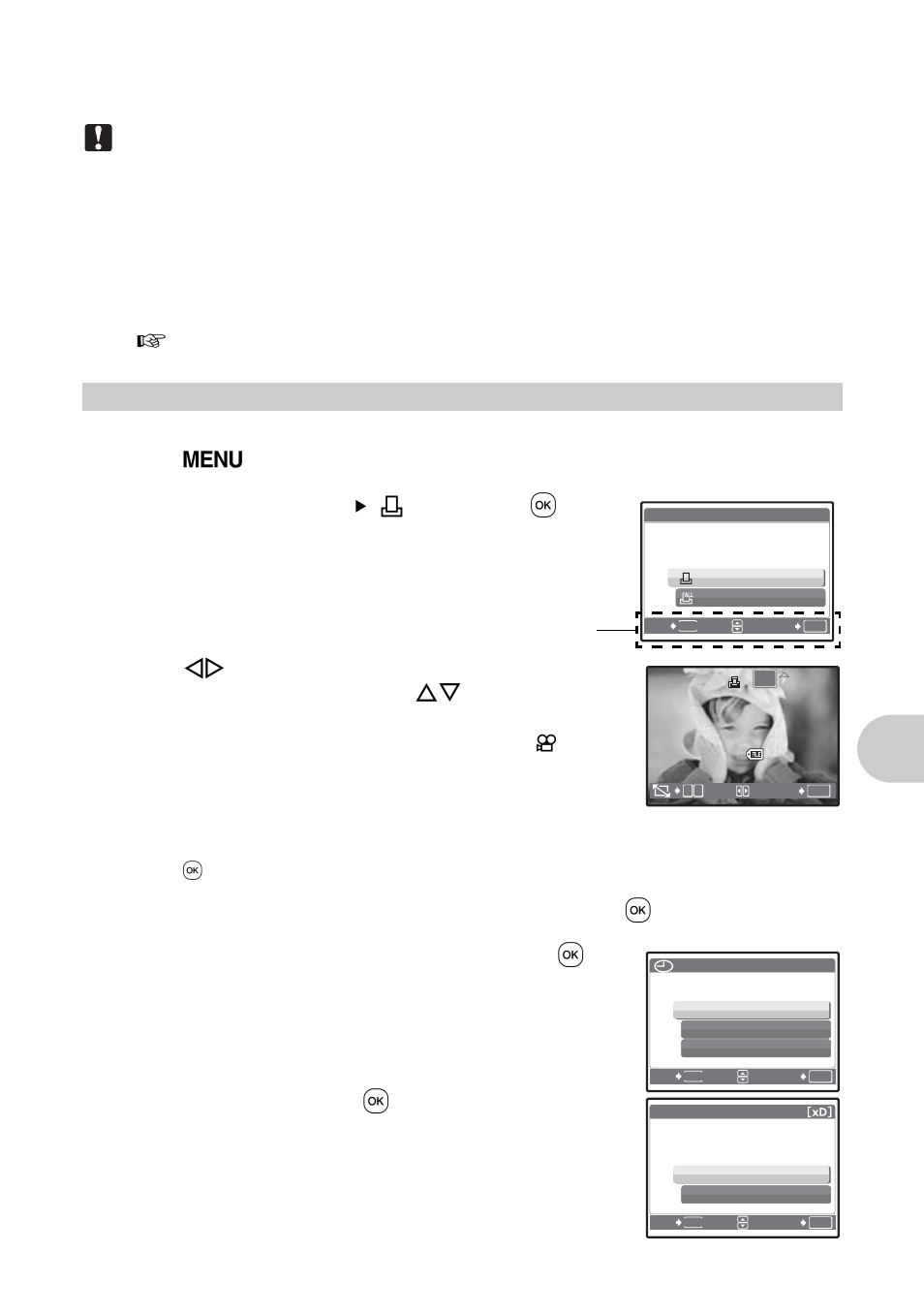 Single-frame reservation, Pri nt ing p ict ures, Select [print order] [ < ], and press | When you finish making print reservations, press, Select the date and time setting, and press | Olympus FE-300 User Manual | Page 33 / 64
