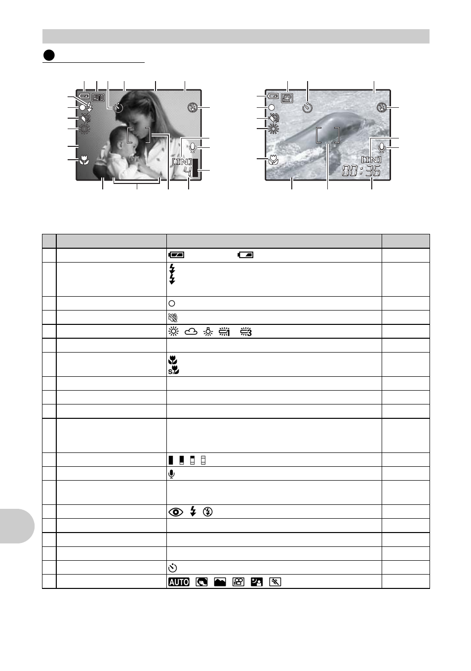 Monitor symbols & icons, Shooting mode, App endi x | Olympus FE-300 User Manual | Page 60 / 64
