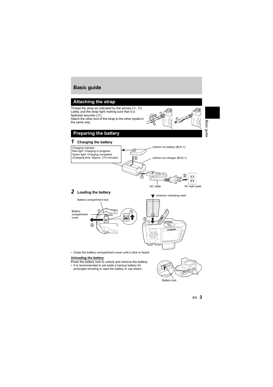 Basic guide, Attaching the strap preparing the battery | Olympus E-410 User Manual | Page 3 / 128