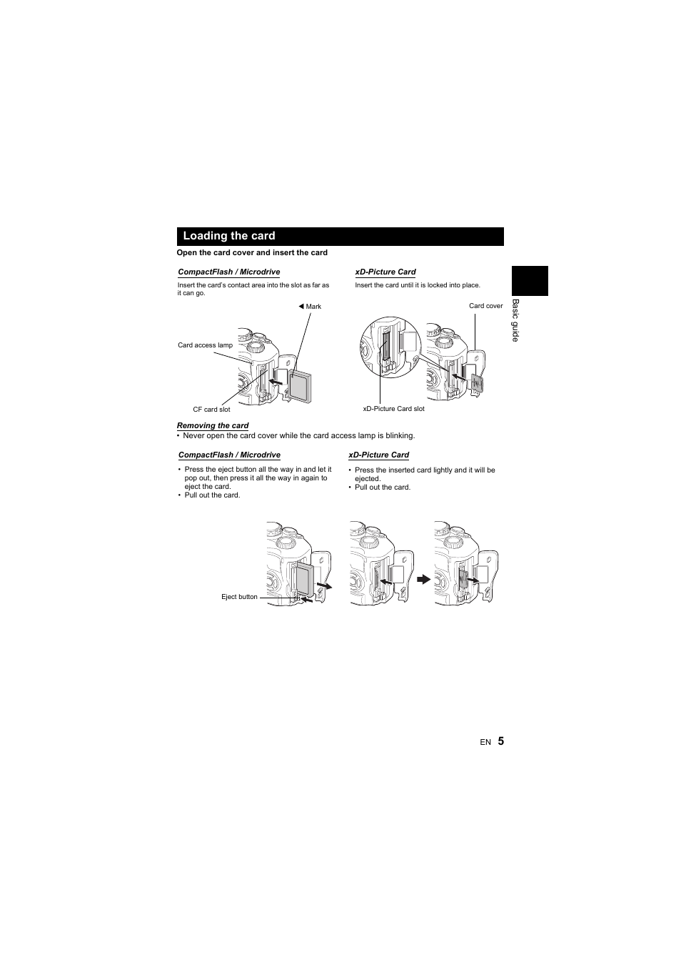 Loading the card | Olympus E-410 User Manual | Page 5 / 128
