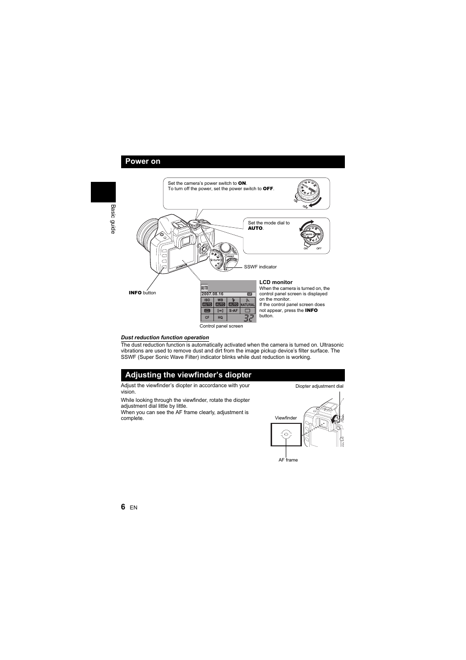 Power on adjusting the viewfinder’s diopter | Olympus E-410 User Manual | Page 6 / 128