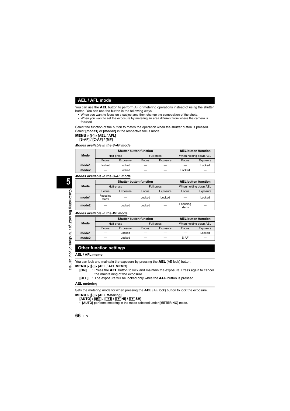 Ael / afl mode, Other function settings | Olympus E-410 User Manual | Page 66 / 128