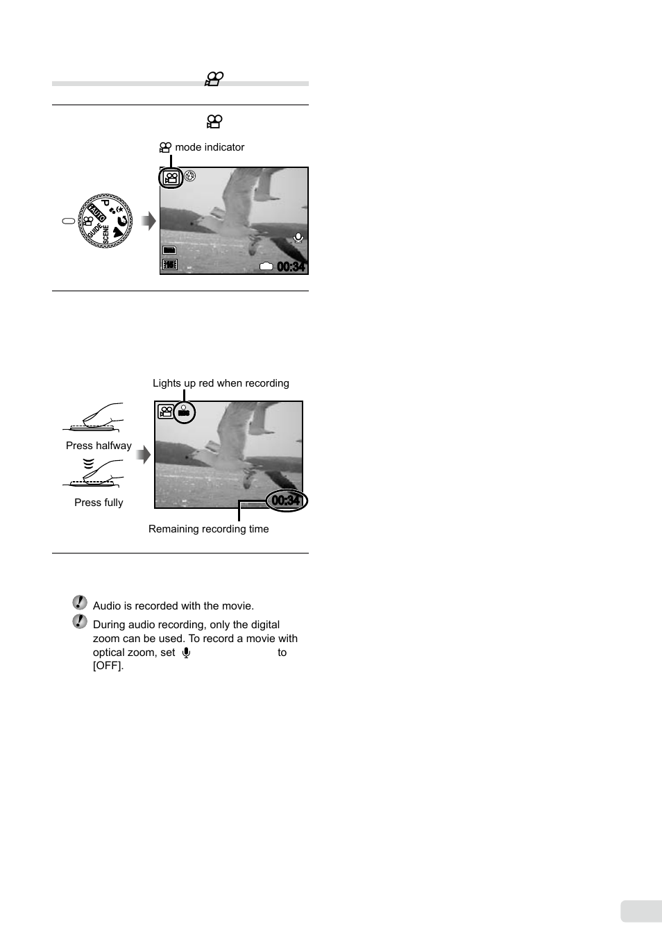 Shooting movies, 1 en shooting movies (n mode) | Olympus FE-370 User Manual | Page 19 / 64