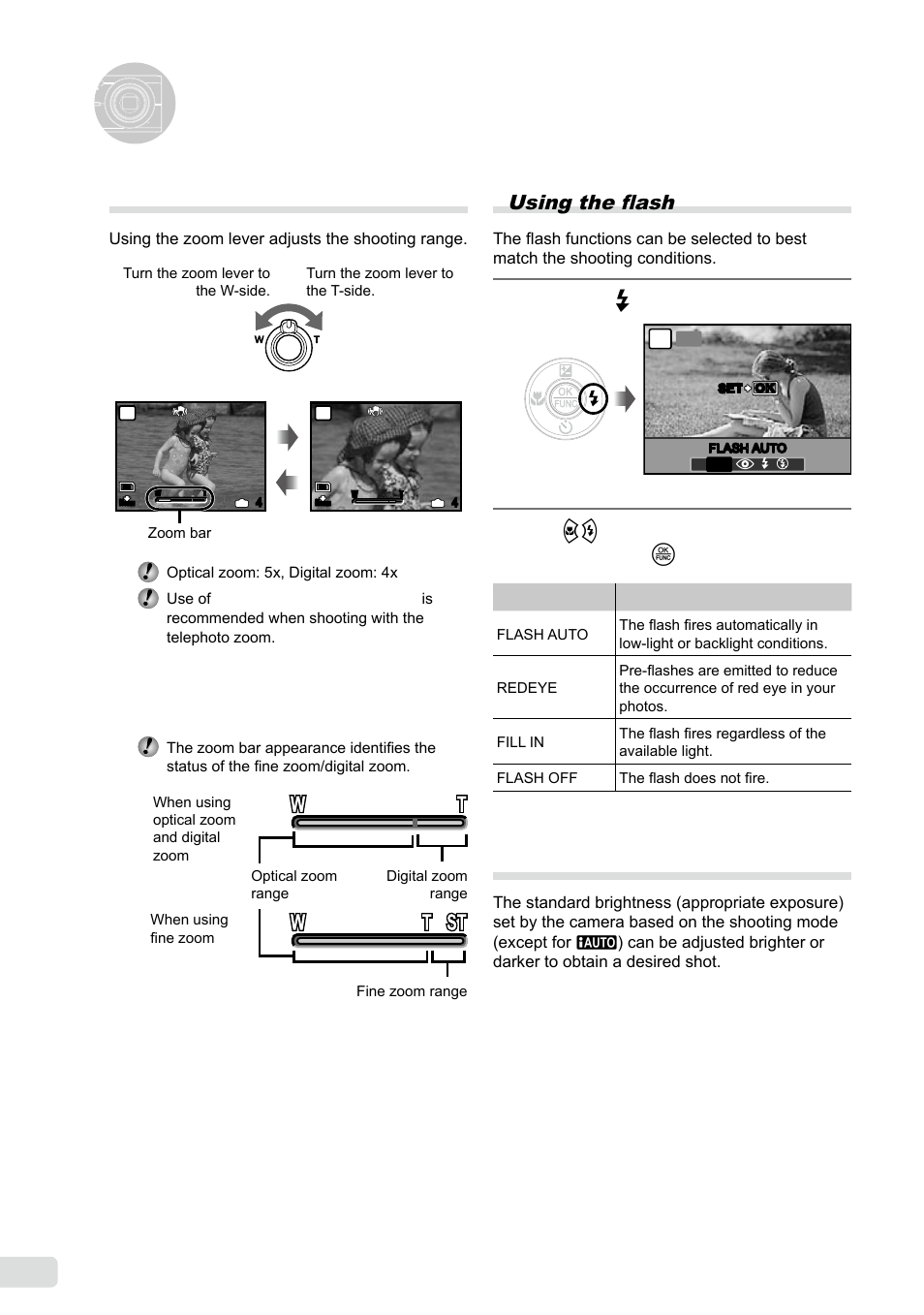 Using shooting functions, Using the zoom, Using the flash | Adjusting the brightness, 0 en using the flash, Adjusting the brightness (exposure compensation), Press the # button | Olympus FE-370 User Manual | Page 20 / 64