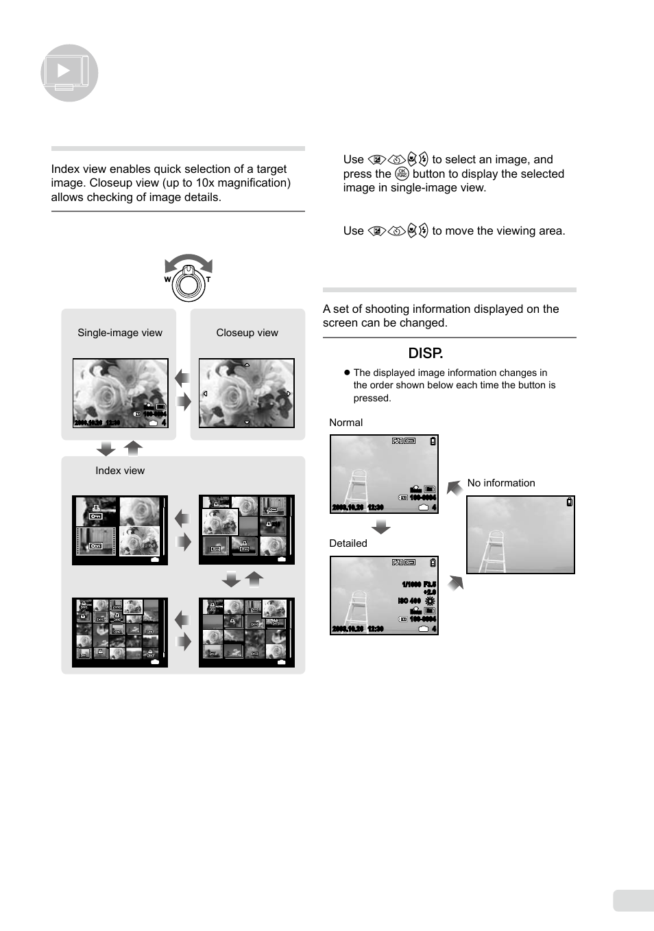 Using playback features, Index view and closeup view, Changing the image information display | Press the g button, Turn the zoom lever to the w-side or t-side, Use abcd to move the viewing area | Olympus FE-370 User Manual | Page 23 / 64
