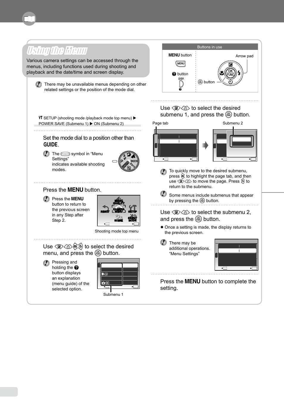 Using the menu, Three types of setting operations, Set the mode dial to a position other than r | Press the  button, Press the  button to complete the setting | Olympus FE-370 User Manual | Page 3 / 64