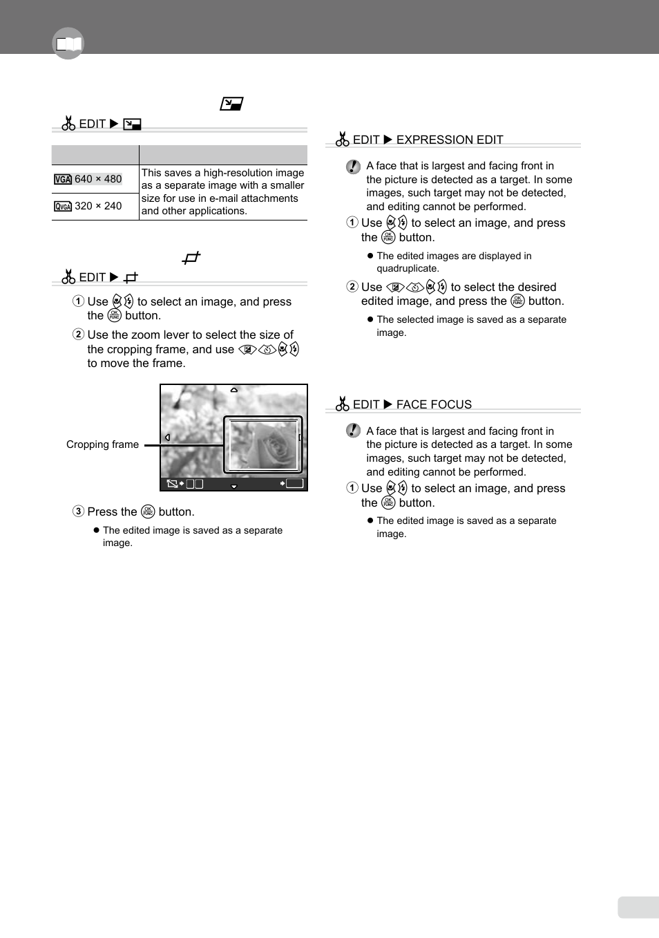 Changing the image size, Cropping a picture, Changing the facial expression | Highlighting a face with blurry effect around it, 1 en, Changing the image size [ q, Cropping a picture [ p, Changing the facial expression [expression edit | Olympus FE-370 User Manual | Page 31 / 64