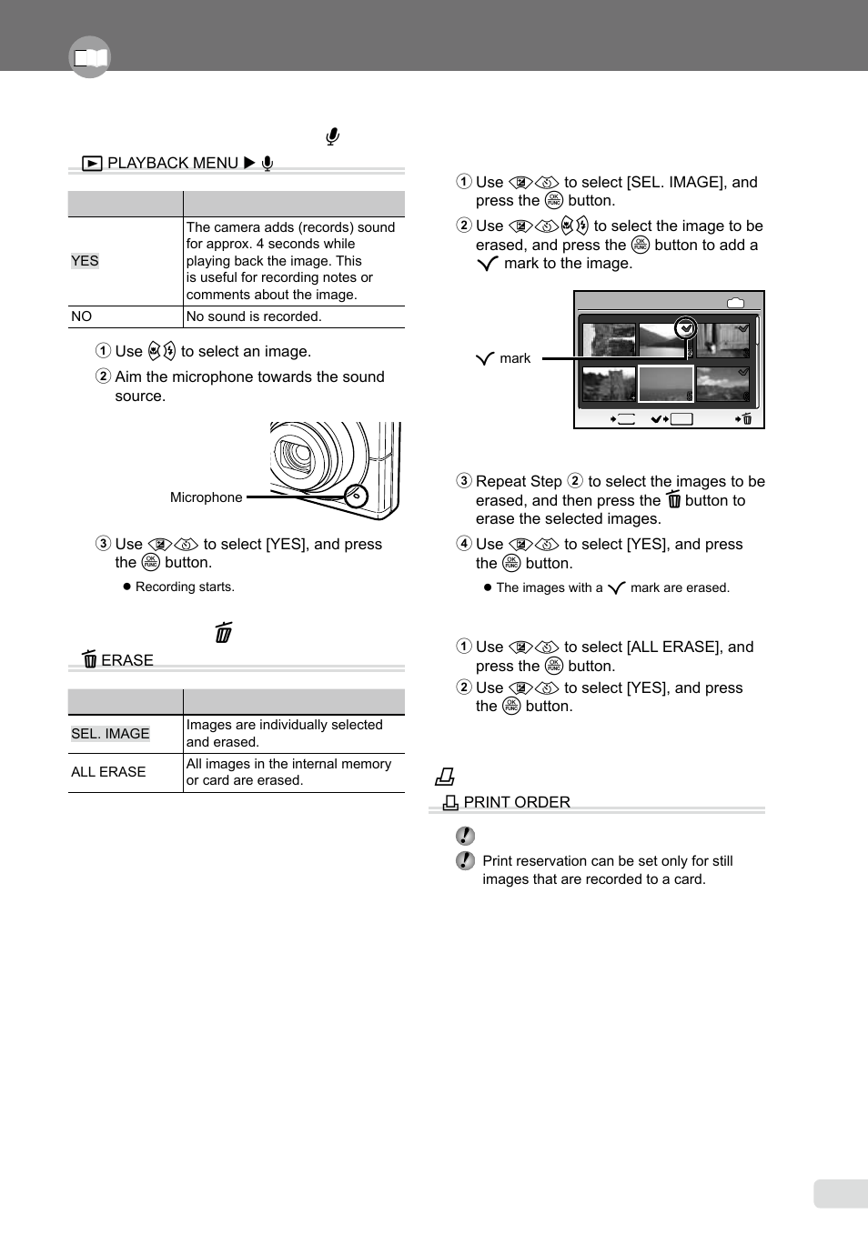 Adding sound to still images, Erasing images, Saving print settings to the image data | Adding sound to still images [ r, Erasing images [ d erase | Olympus FE-370 User Manual | Page 33 / 64