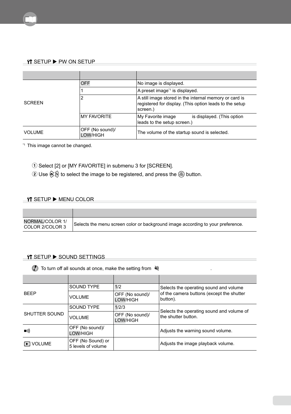 Selecting the menu screen color and background, Selecting the camera sound and its volume | Olympus FE-370 User Manual | Page 35 / 64