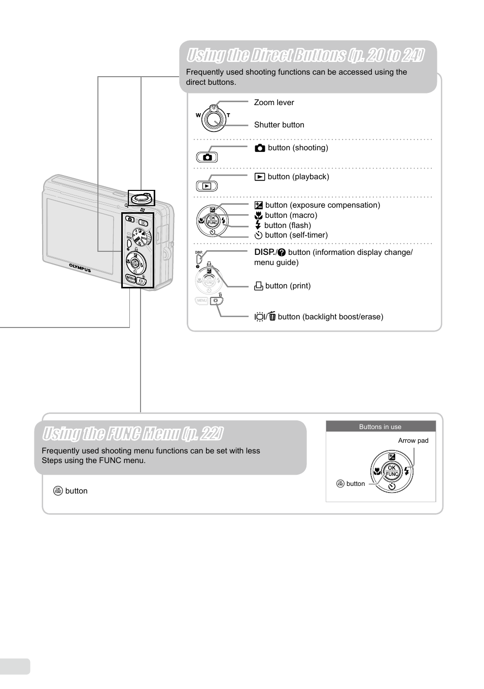 Using the func menu (p. 22), Using the direct buttons (p. 20 to 24) | Olympus FE-370 User Manual | Page 4 / 64