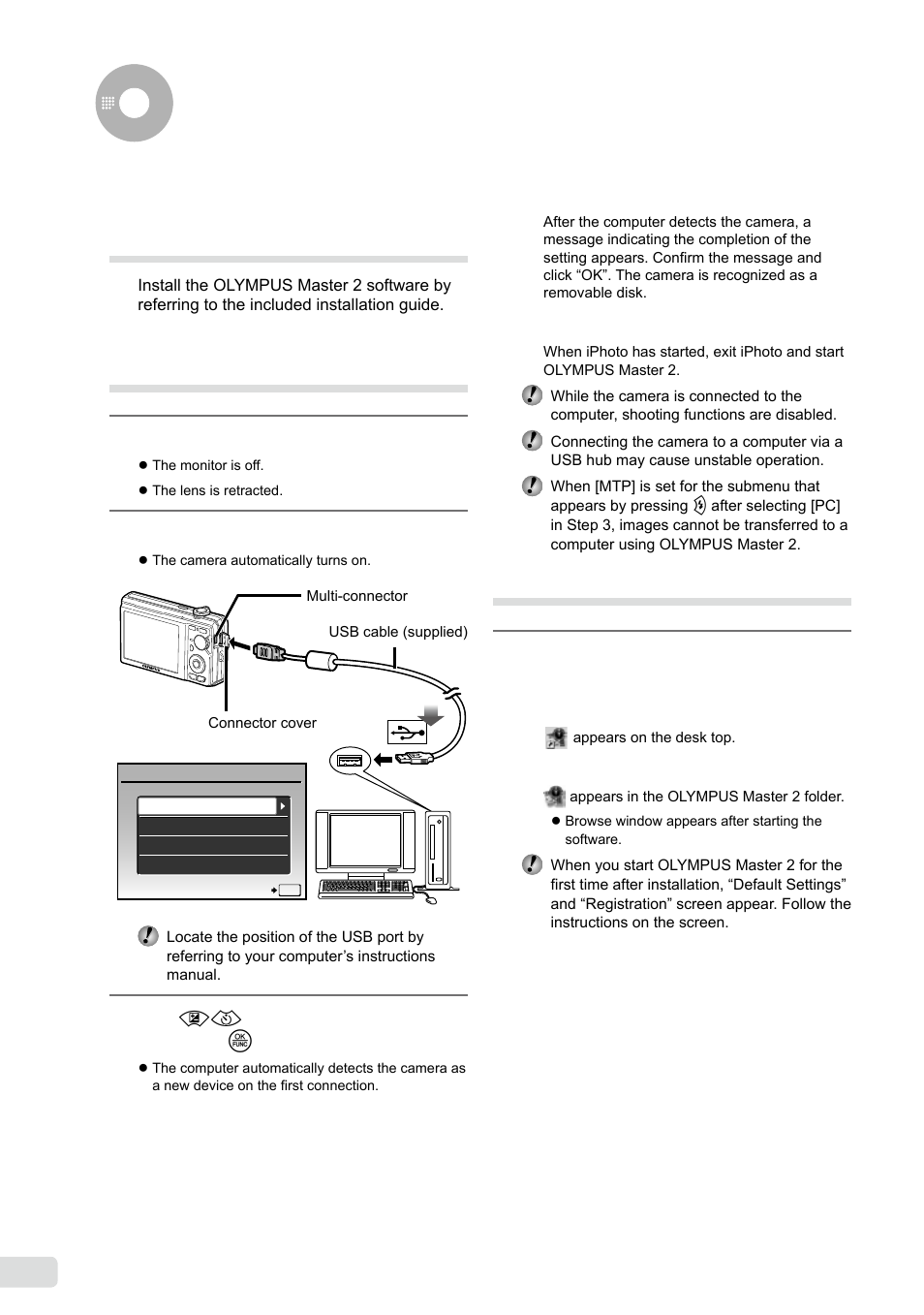 Using olympus master 2, Connecting the camera to a computer, Starting olympus master 2 | Olympus FE-370 User Manual | Page 44 / 64