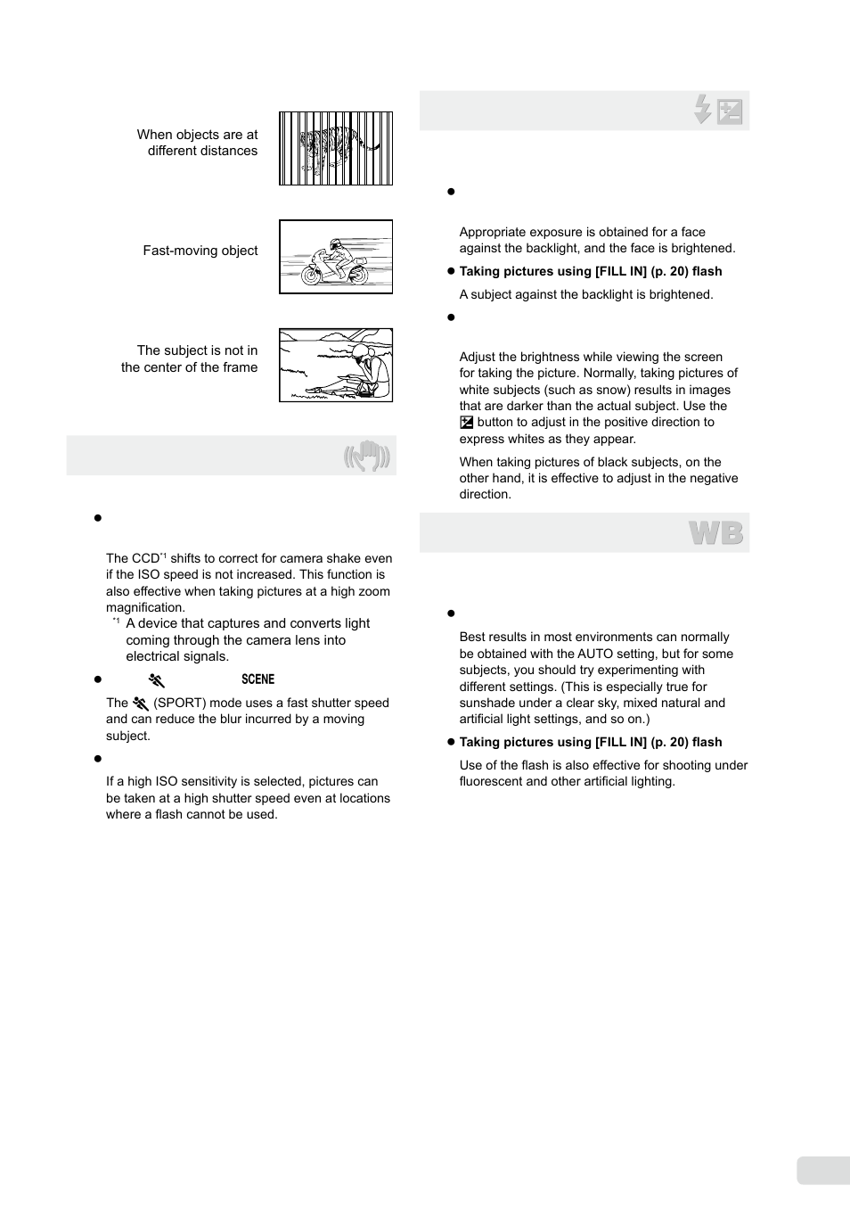 Camera shake, Exposure (brightness), Color hue | Olympus FE-370 User Manual | Page 49 / 64