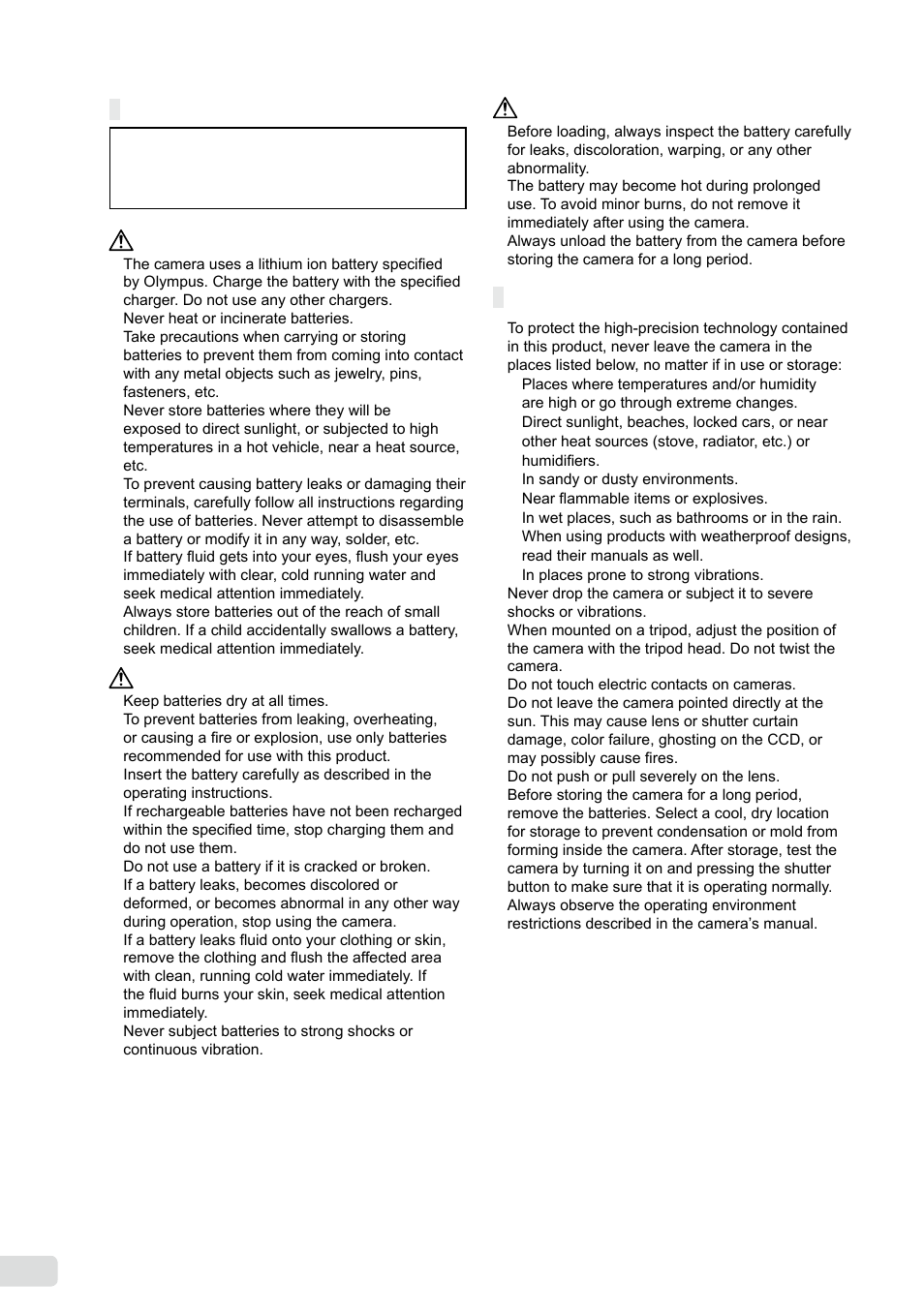Battery handling precautions, Caution for usage environment | Olympus FE-370 User Manual | Page 56 / 64