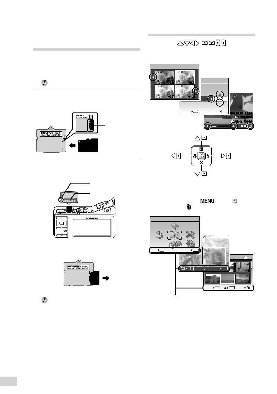 Arrow pad and operation guide, Insert the microsd attachment into the camera | Olympus FE-3000 User Manual | Page 12 / 58
