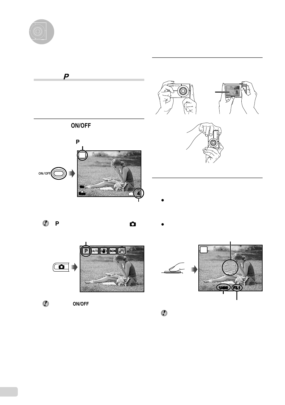 Shooting, playback, and erasing, 14 en, Hold the camera and compose the shot | Press the n button to turn on the camera | Olympus FE-3000 User Manual | Page 14 / 58