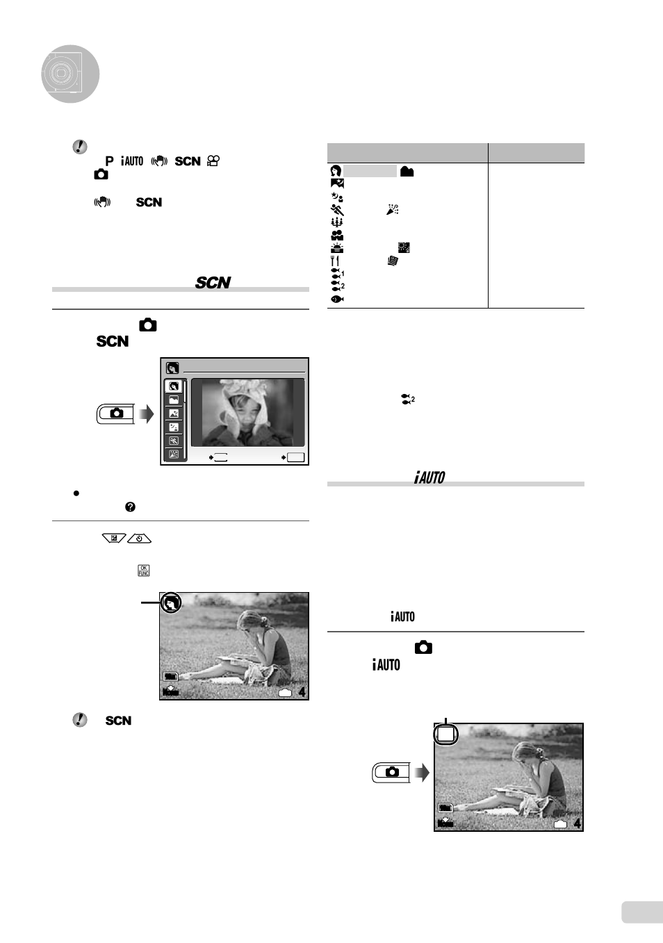 Using shooting modes, Using the best mode for the shooting scene, Shooting with automatic settings | 17 en, Shooting with automatic settings ( g mode), Press the k button a few times to set g, Press the k button a few times to set s | Olympus FE-3000 User Manual | Page 17 / 58