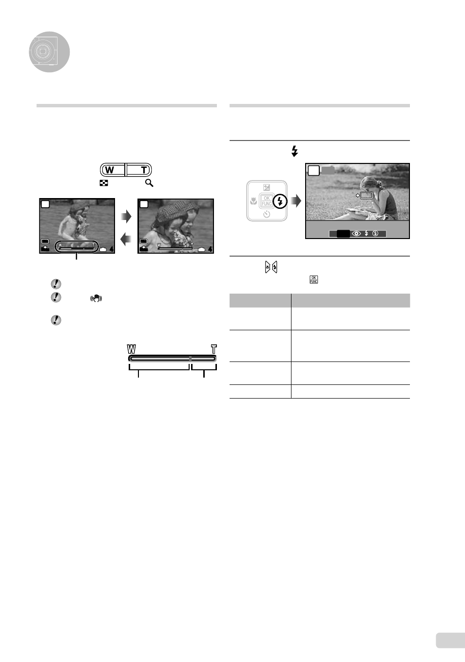 Using shooting functions, Using the zoom, Using the flash | 19 en using the fl ash, Press the # button | Olympus FE-3000 User Manual | Page 19 / 58