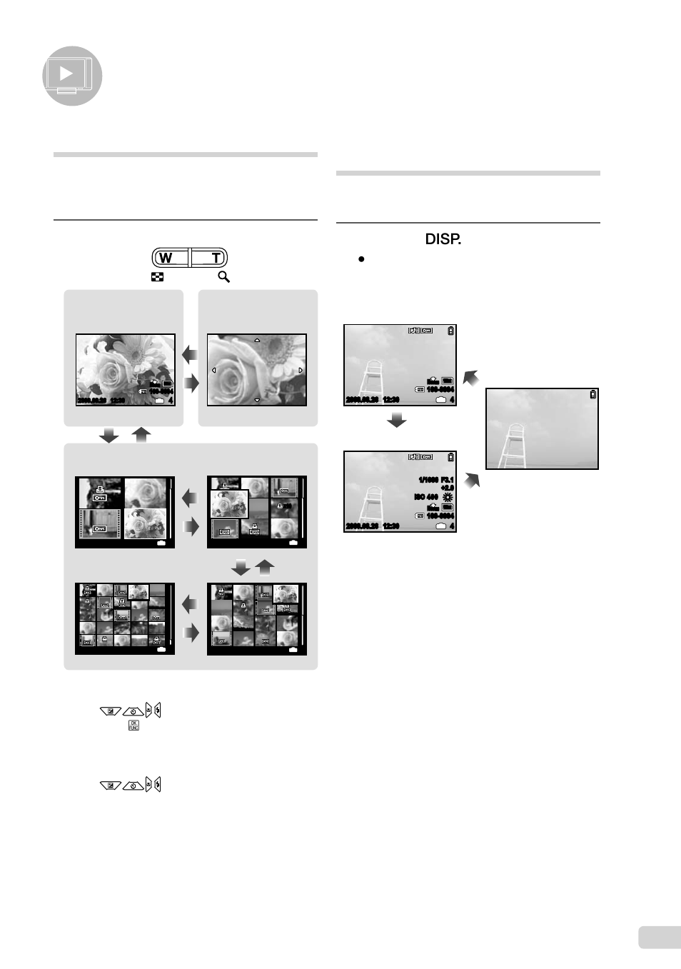 Using playback features, Index view and close-up view, Changing the image information display | 23 en index view and close-up view, Press the zoom buttons, Press the g button, Use klmn to move the viewing area | Olympus FE-3000 User Manual | Page 23 / 58