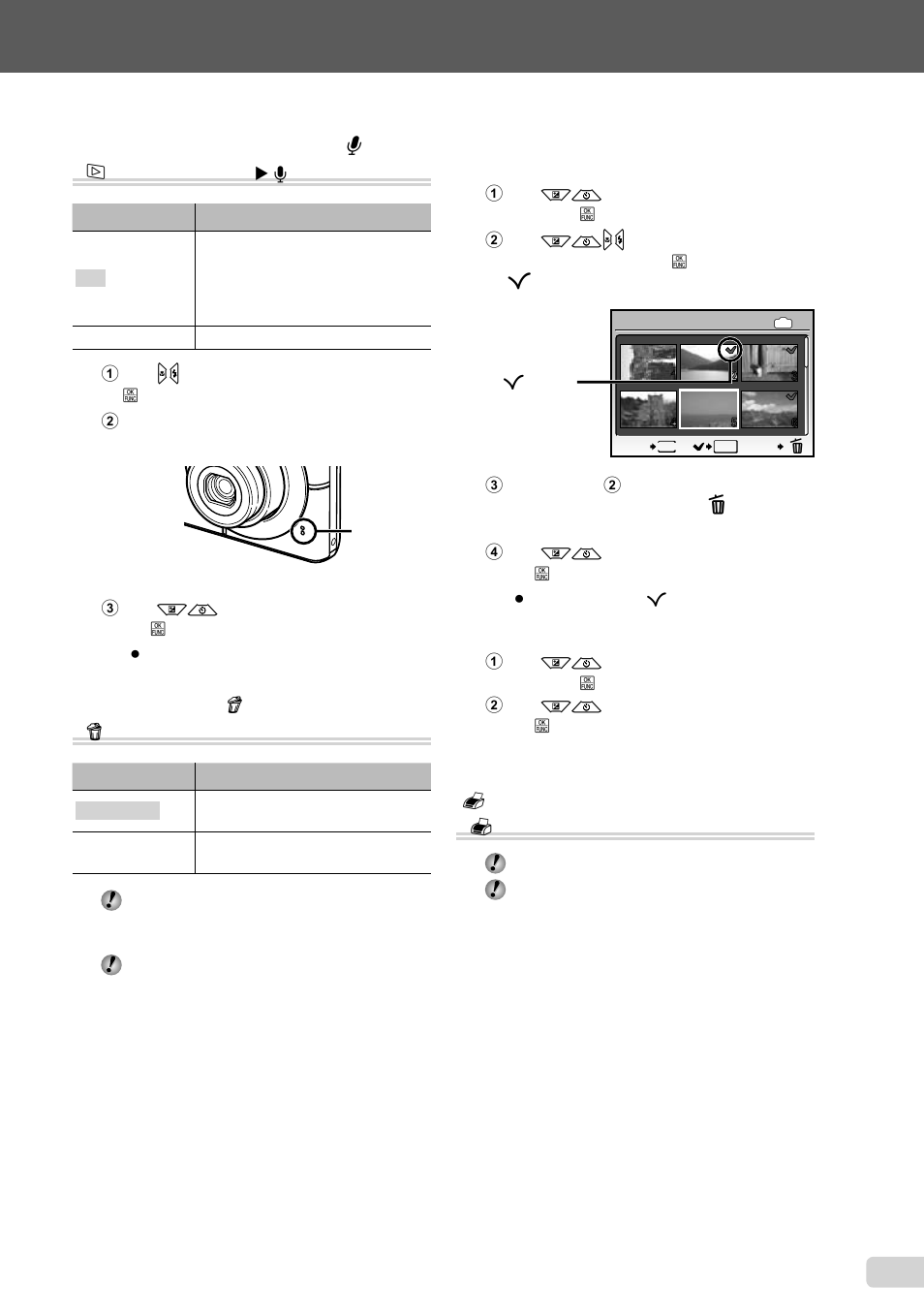 Adding sound to still images, Erasing images, Saving print settings to the image data | 29 en, Adding sound to still images [ r ] j, Erasing images [ k erase] k | Olympus FE-3000 User Manual | Page 29 / 58