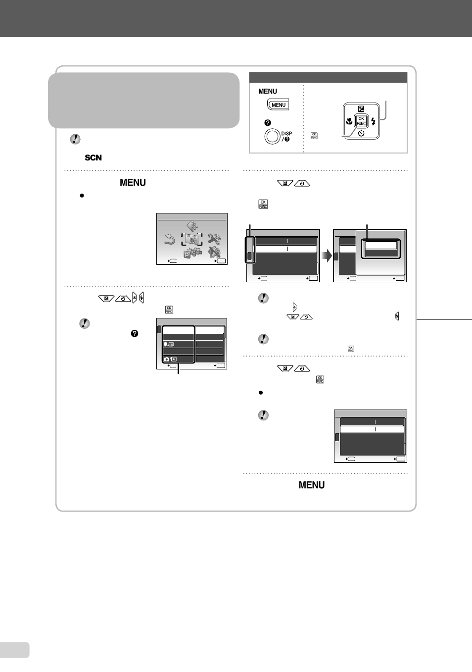 Using the menu using the menu, Three types of setting operations, 3 en | Press the m button, Button, Use kl to select submenu 2, and press the b button, Press the m button to complete the setting | Olympus FE-3000 User Manual | Page 3 / 58