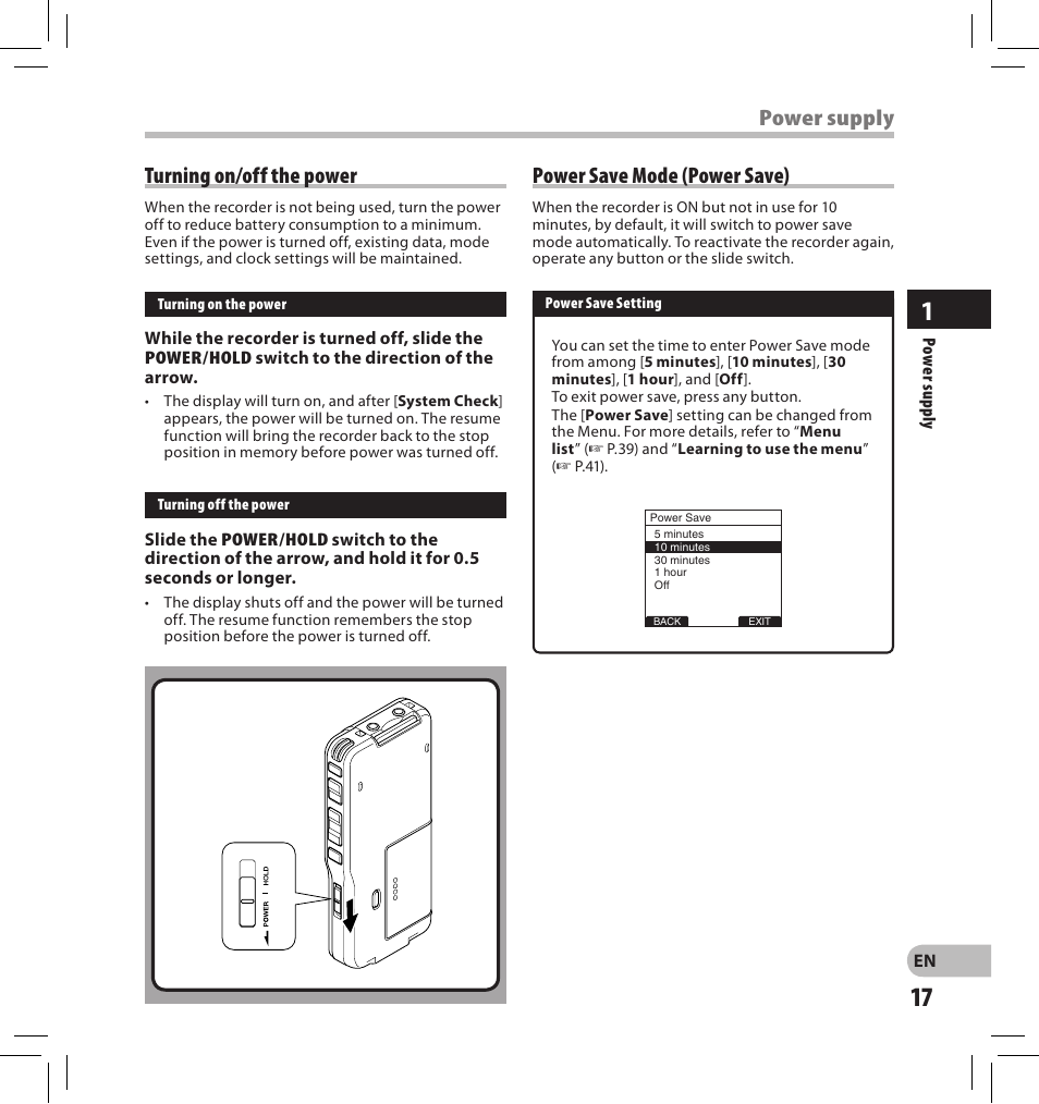 Turning on/off the power, Power supply power save mode (power save) | Olympus DS-2500 User Manual | Page 17 / 65