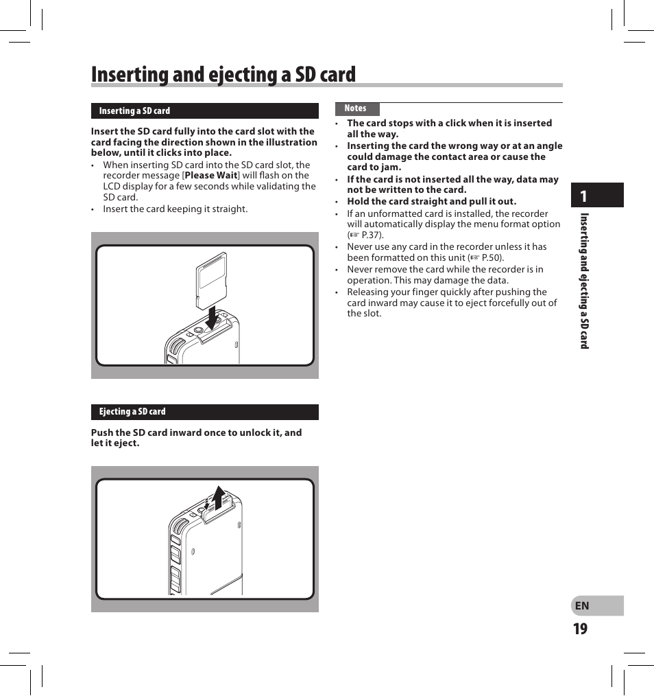 Inserting and ejecting a sd card | Olympus DS-2500 User Manual | Page 19 / 65