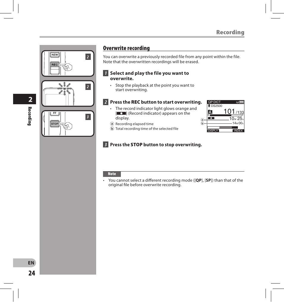 Overwrite recording, Recording | Olympus DS-2500 User Manual | Page 24 / 65