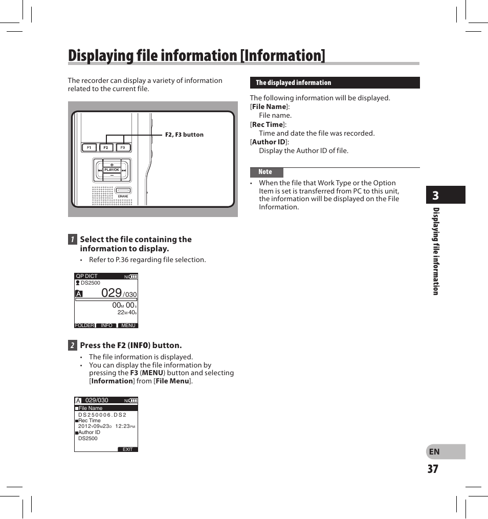 Displaying file information [information | Olympus DS-2500 User Manual | Page 37 / 65