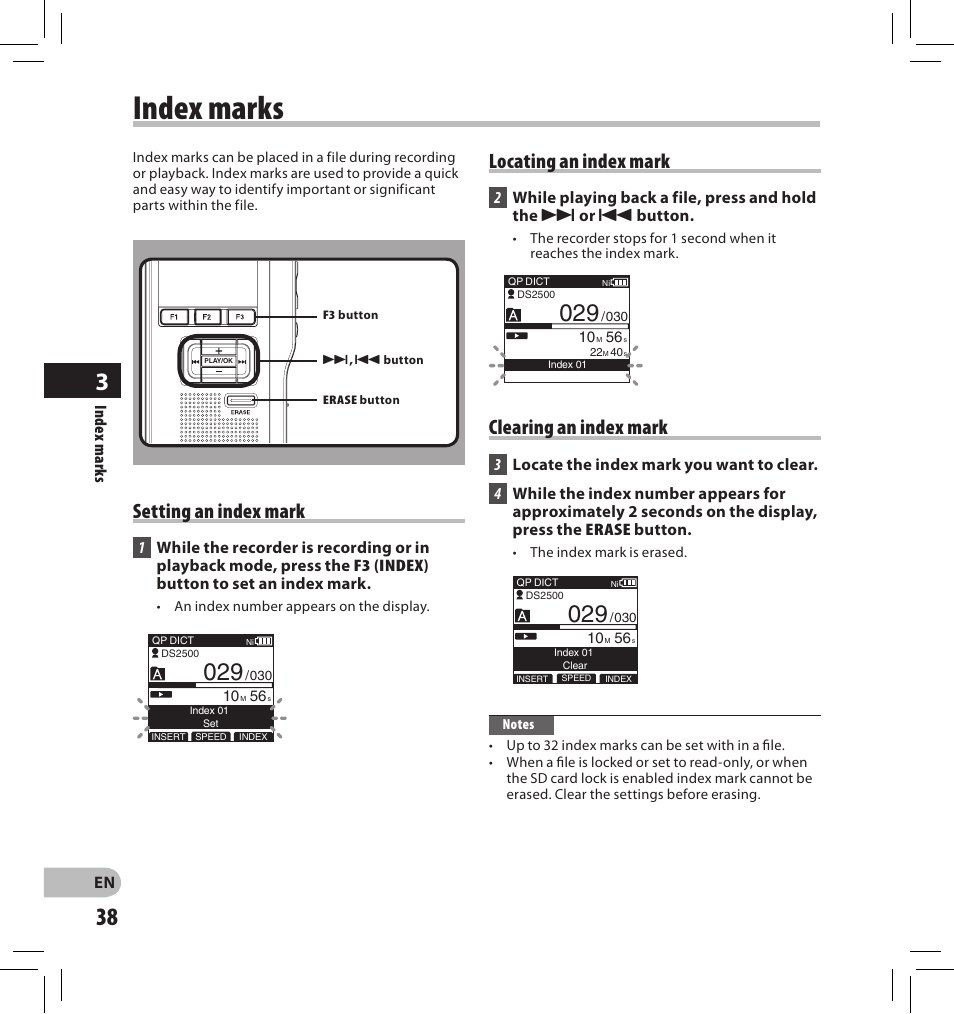 Index marks, Setting an index mark, Locating an index mark | Clearing an index mark | Olympus DS-2500 User Manual | Page 38 / 65