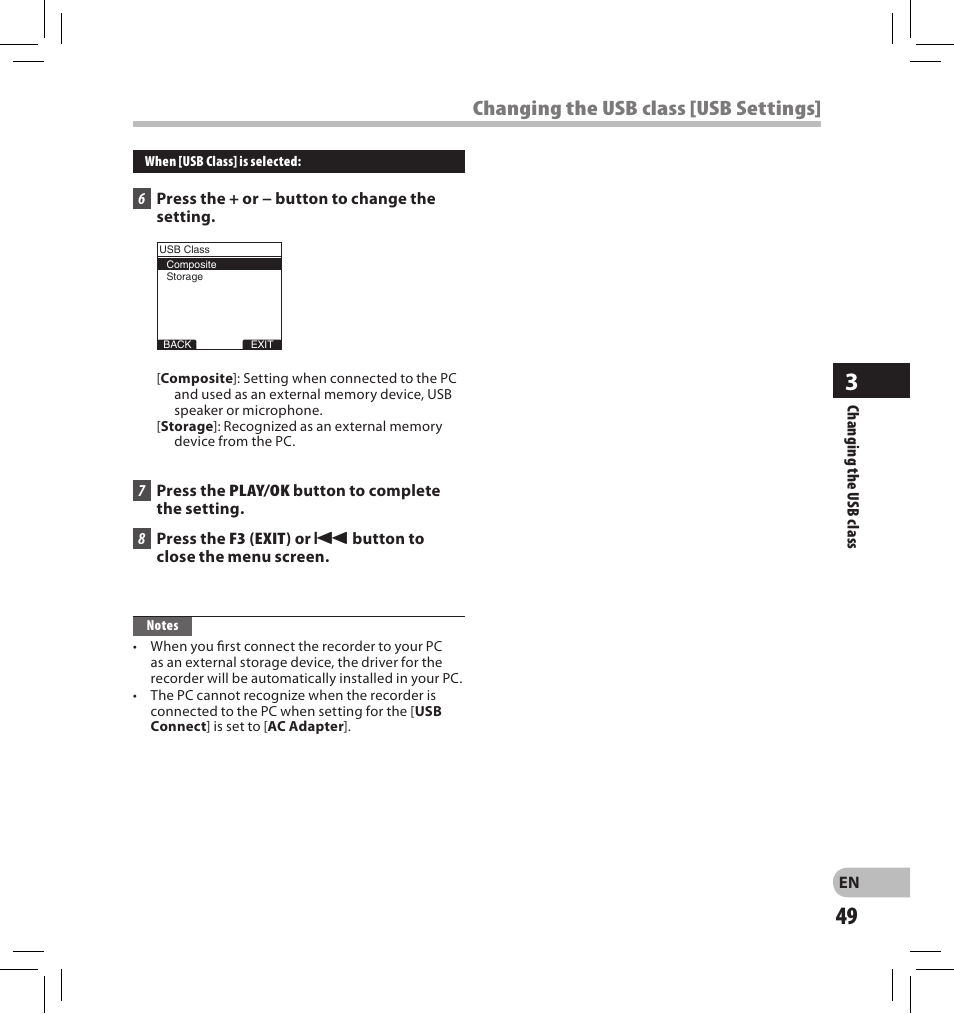 Changing the usb class [usb settings | Olympus DS-2500 User Manual | Page 49 / 65