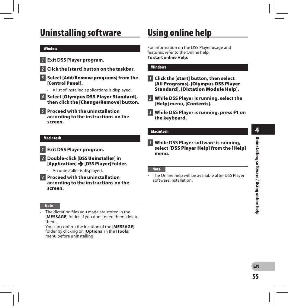 Uninstalling software using online help | Olympus DS-2500 User Manual | Page 55 / 65