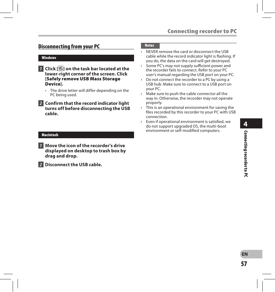 Connecting recorder to pc, Disconnecting from your pc | Olympus DS-2500 User Manual | Page 57 / 65