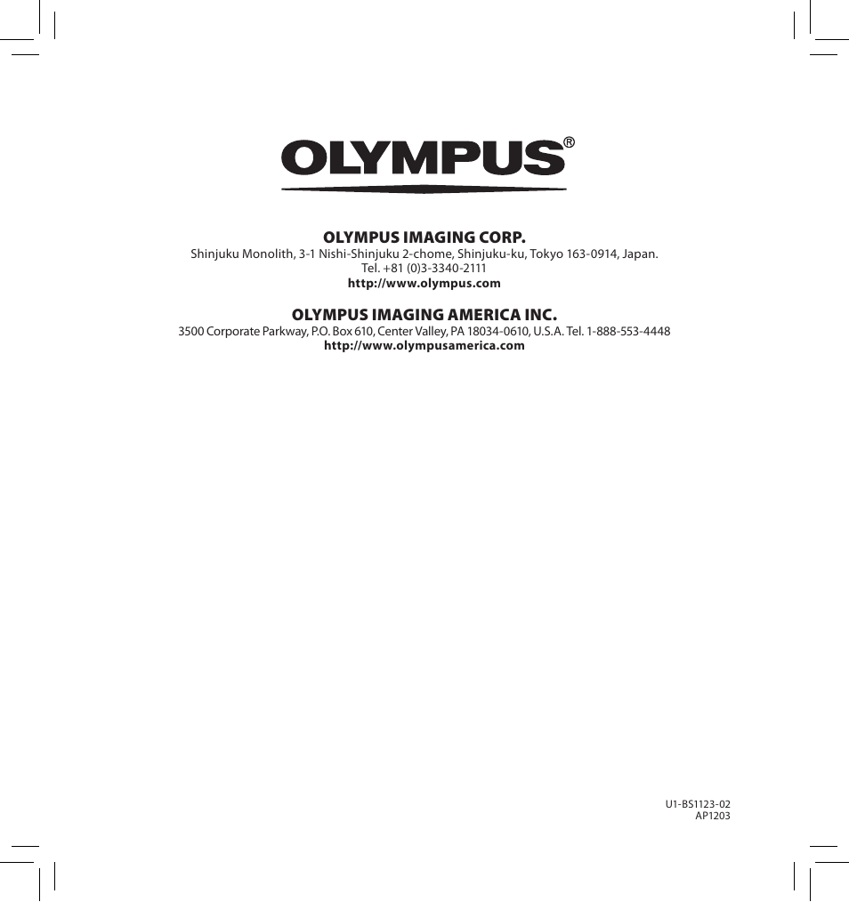 Olympus imaging corp, Olympus imaging america inc | Olympus DS-2500 User Manual | Page 65 / 65