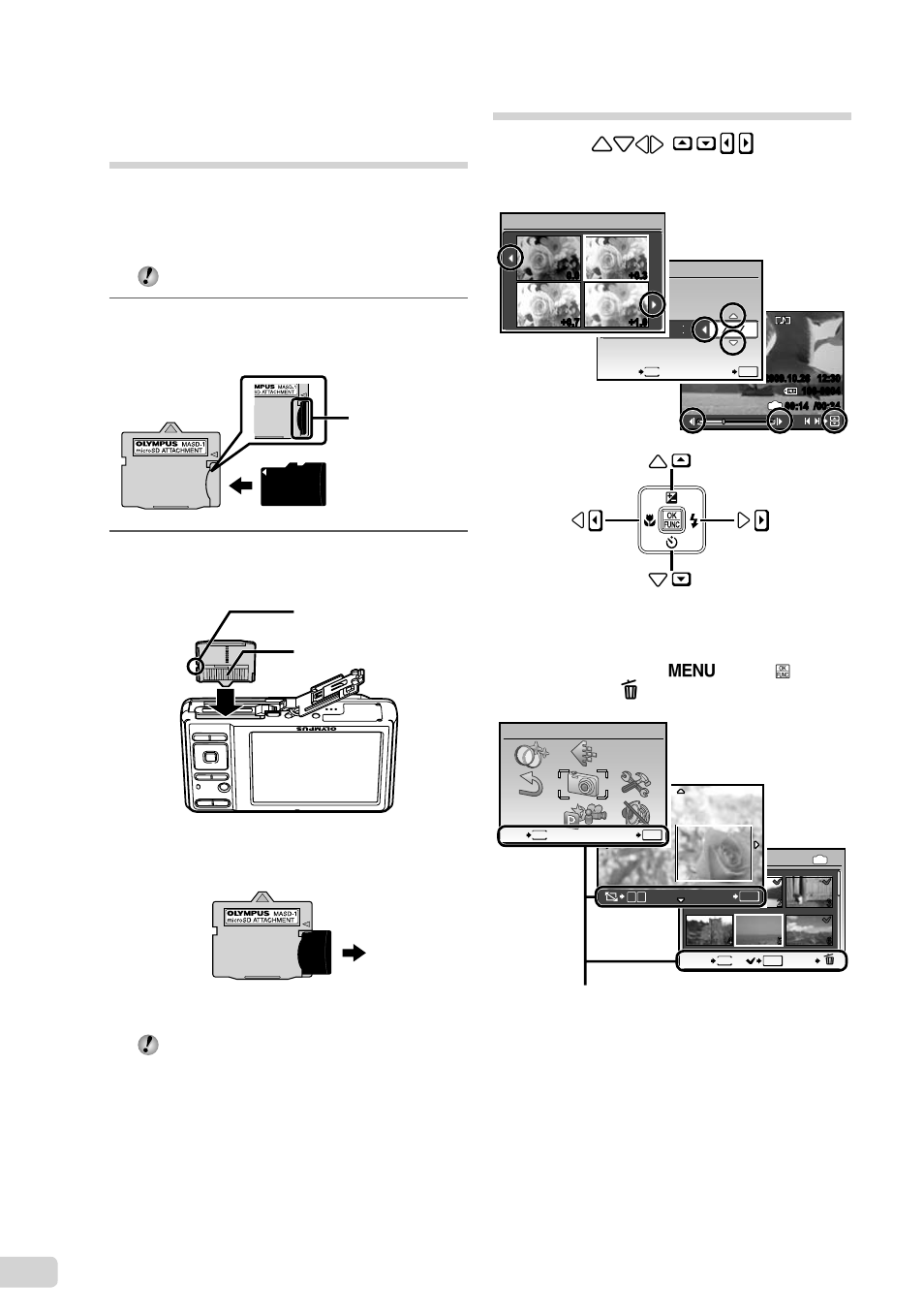 Arrow pad and operation guide, Insert the microsd attachment into the camera | Olympus FE-5020 User Manual | Page 12 / 63