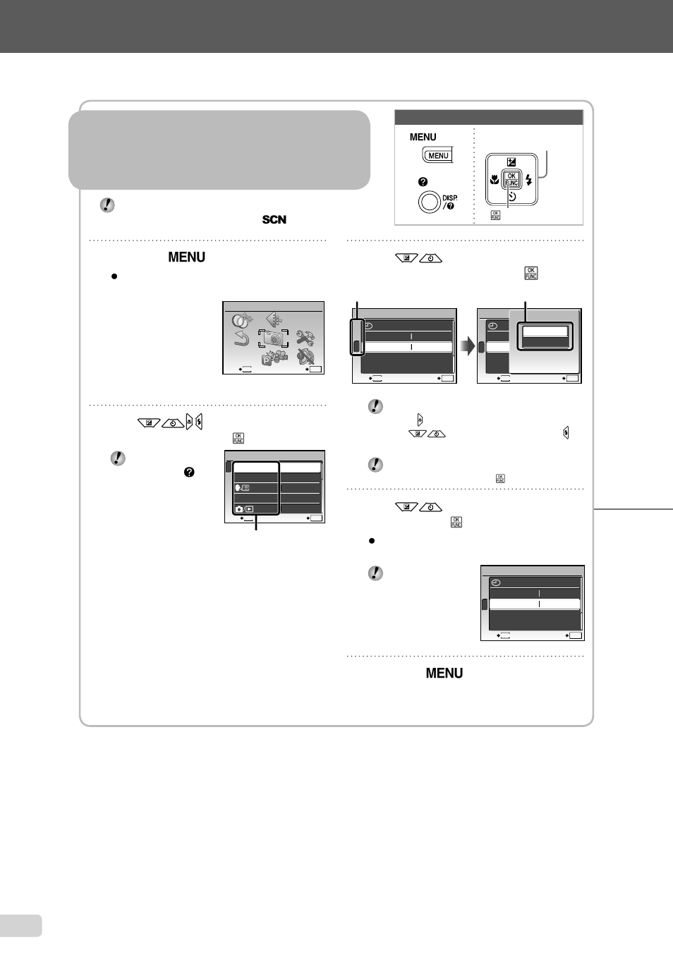 Using the menu using the menu, Three types of setting operations, 3 en | Press the m button, Button, Use kl to select submenu 2, and press the b button, Press the m button to complete the setting | Olympus FE-5020 User Manual | Page 3 / 63