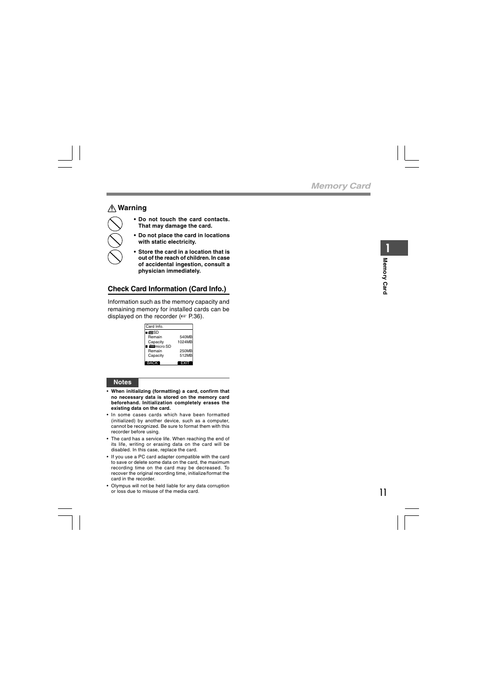 Warning, Check card information (card info.) | Olympus DS-5000 User Manual | Page 11 / 69