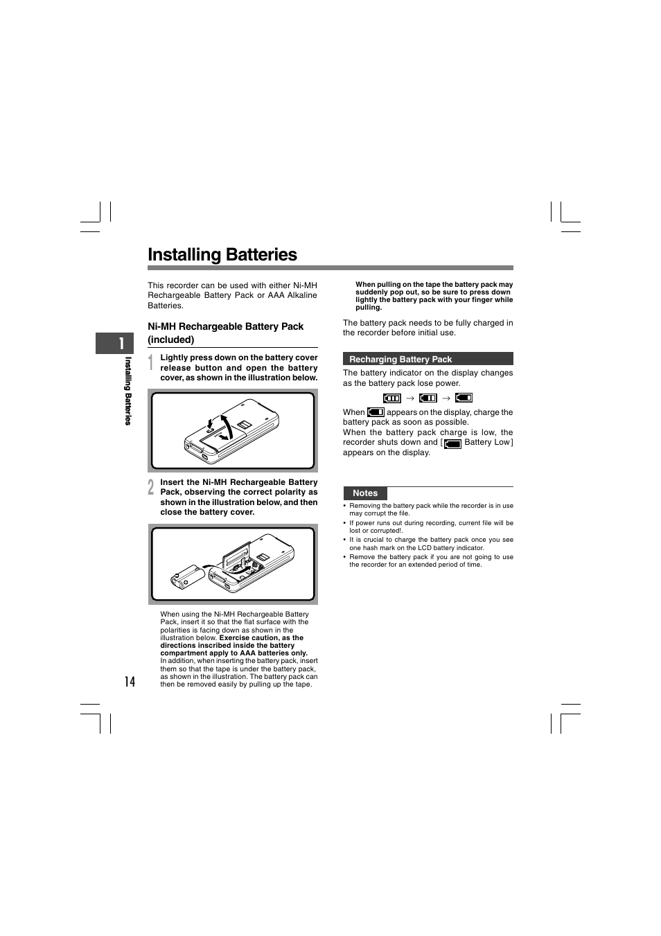Installing batteries | Olympus DS-5000 User Manual | Page 14 / 69