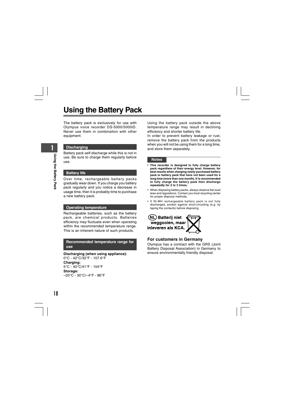 Using the battery pack | Olympus DS-5000 User Manual | Page 18 / 69