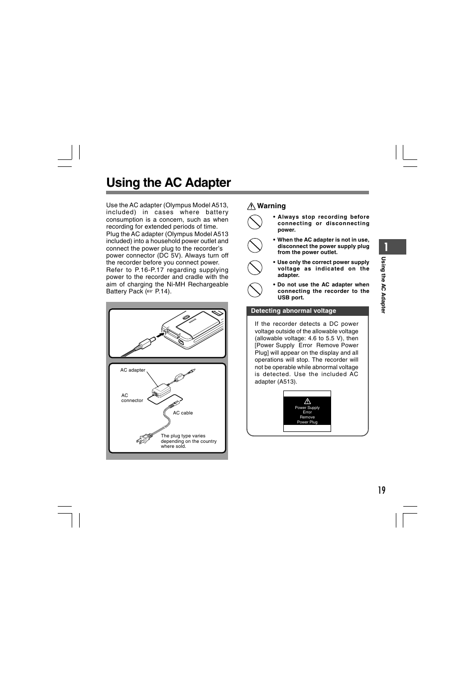 Using the ac adapter | Olympus DS-5000 User Manual | Page 19 / 69