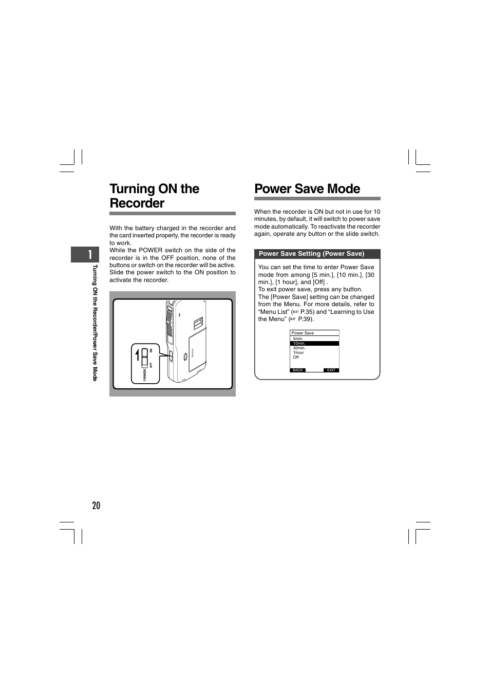 Turning on the recorder, Power save mode | Olympus DS-5000 User Manual | Page 20 / 69