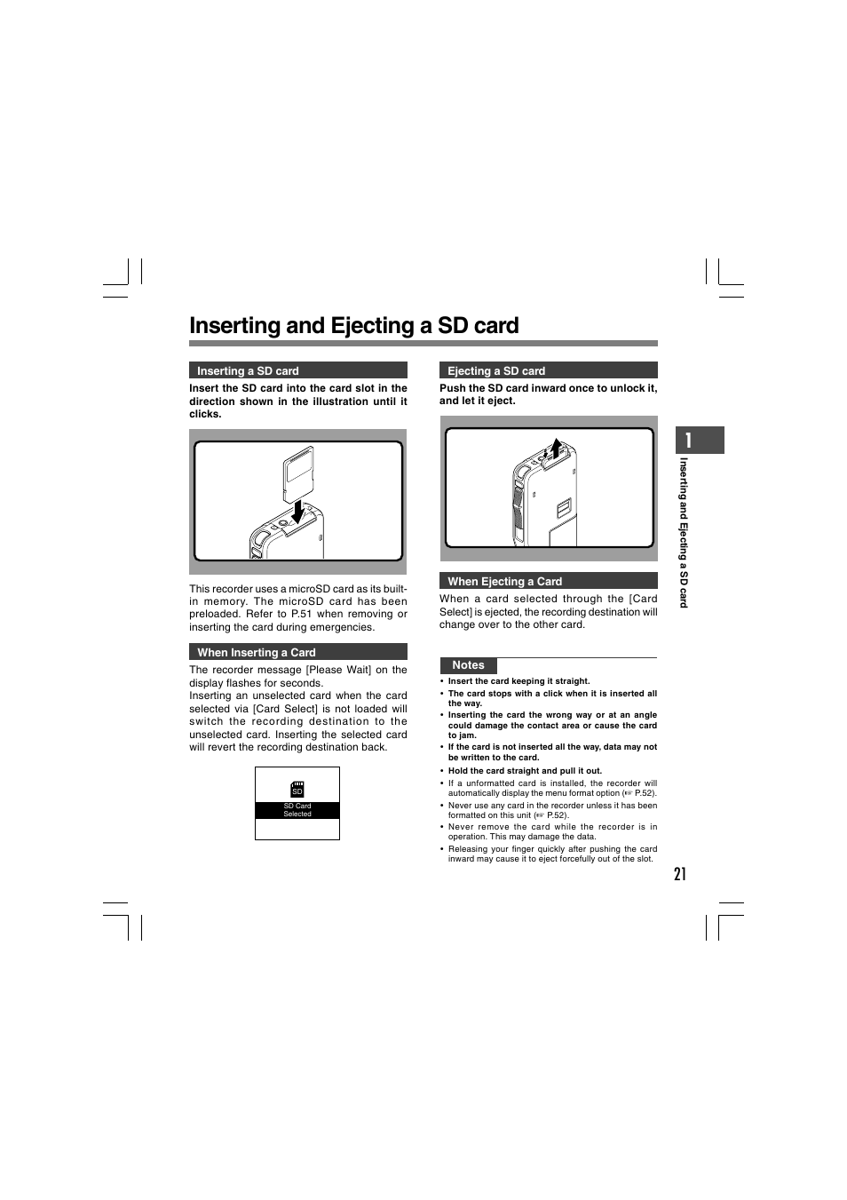 Inserting and ejecting a sd card | Olympus DS-5000 User Manual | Page 21 / 69